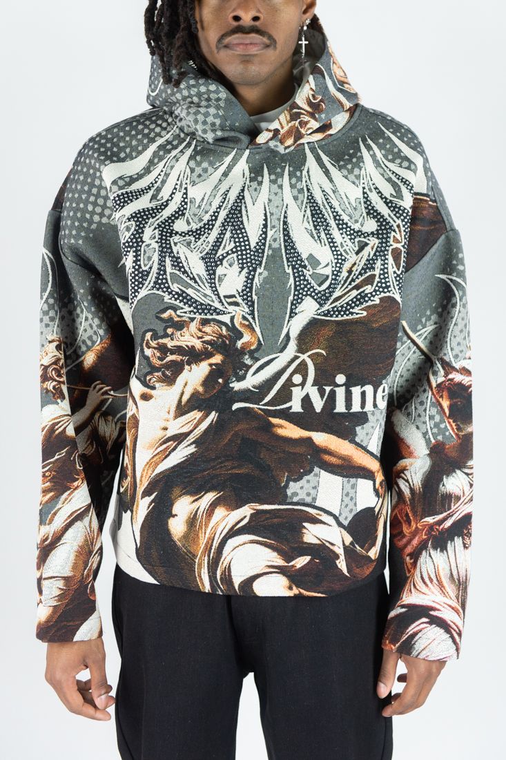 REBEL MINDS RHINESTONE HEAVEN TAPESTRY CHARCOAL HOODIE
