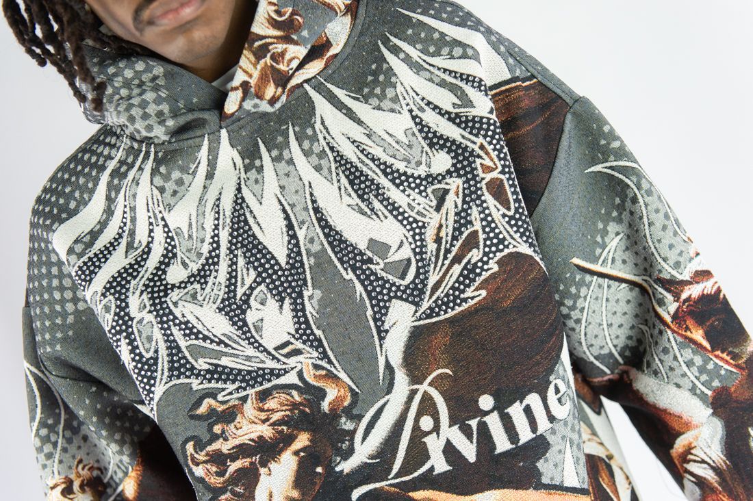 REBEL MINDS RHINESTONE HEAVEN TAPESTRY CHARCOAL HOODIE