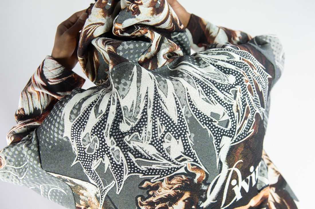 REBEL MINDS RHINESTONE HEAVEN TAPESTRY CHARCOAL HOODIE
