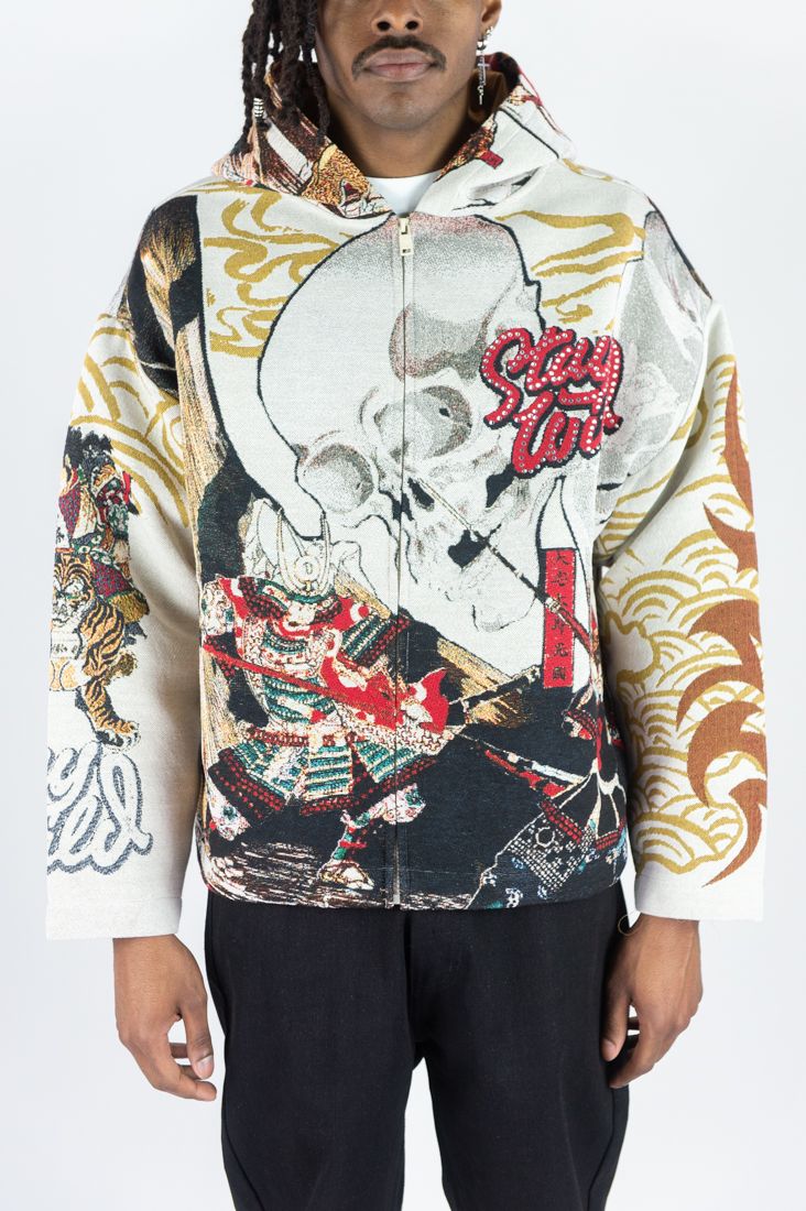 REBEL MINDS RHINESTONE STAY WILD TAPESTRY ZIP UP HOODIE CREAM