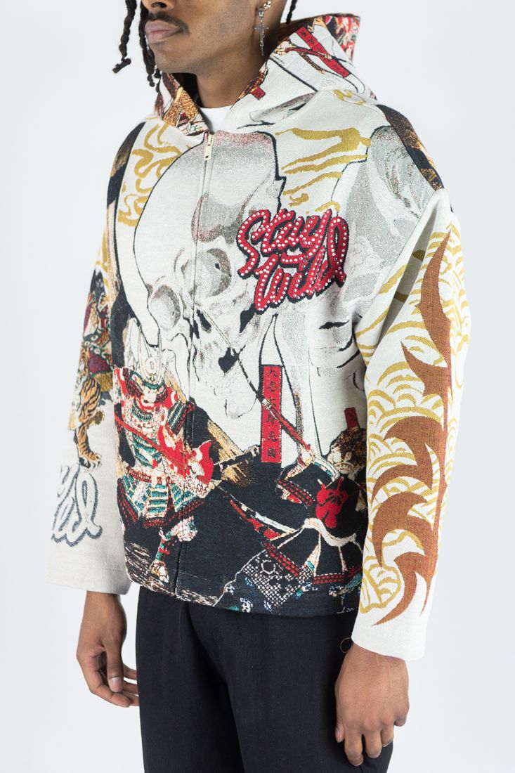 REBEL MINDS RHINESTONE STAY WILD TAPESTRY ZIP UP HOODIE CREAM