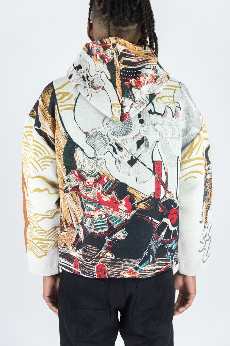 REBEL MINDS RHINESTONE STAY WILD TAPESTRY ZIP UP HOODIE CREAM