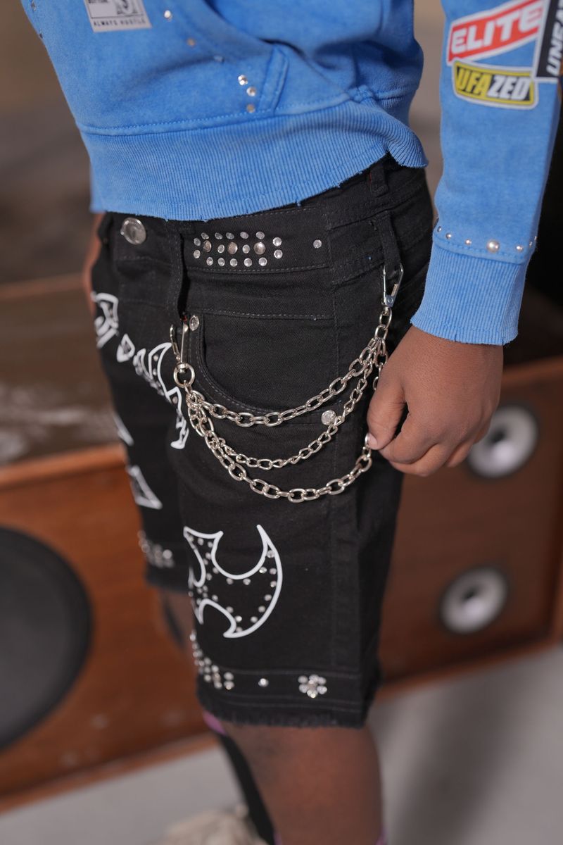 Elite Kids Faith Embellished Double Waist Rhinestones Chain Baggy Short