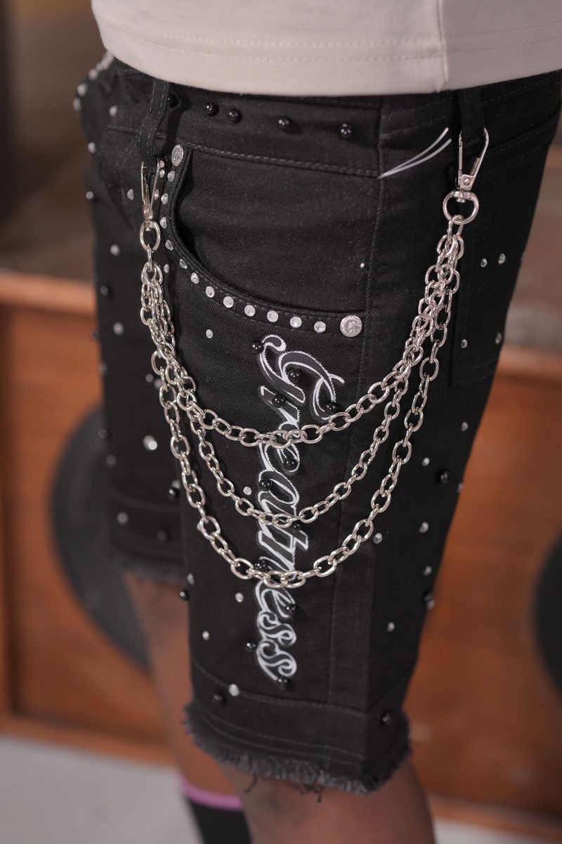 Elite Kids Greatness Embellished Double Waist Rhinestones Chain Baggy Short