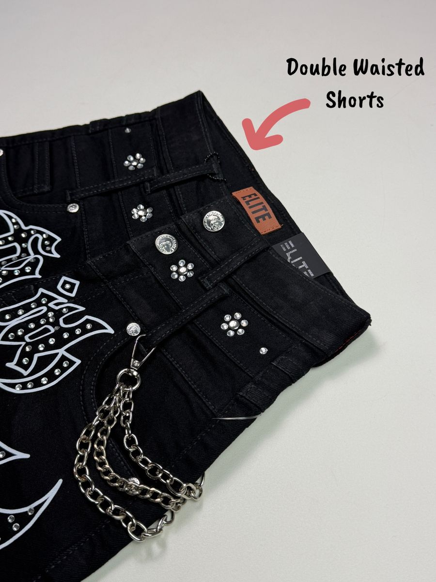 Elite Kids Faith Embellished Double Waist Rhinestones Chain Baggy Short