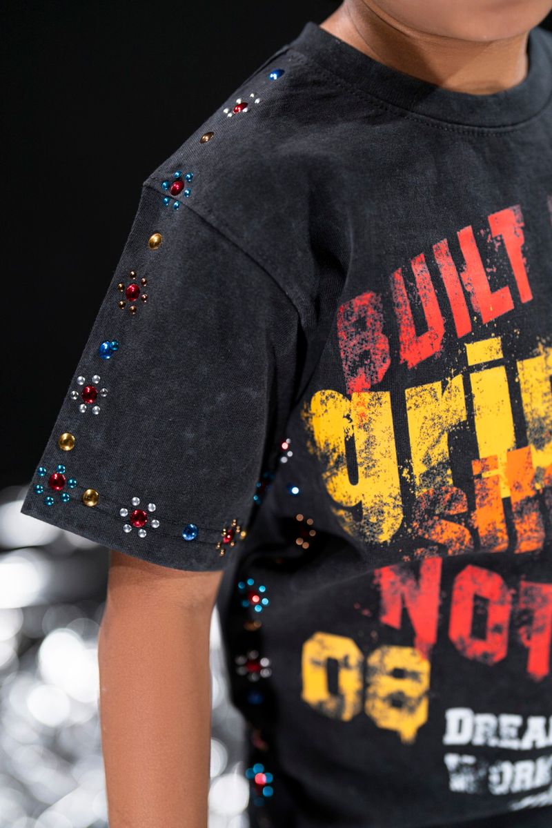 Elite Kids Built From Nothing Rhinestone Studded Over Sized Heavy T-Shirt Black