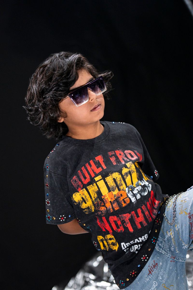 Elite Kids Built From Nothing Rhinestone Studded Over Sized Heavy T-Shirt Black