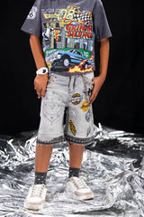 Elite Kids Rhinestones Chain Night Sky Denim Shorts Multi Colors