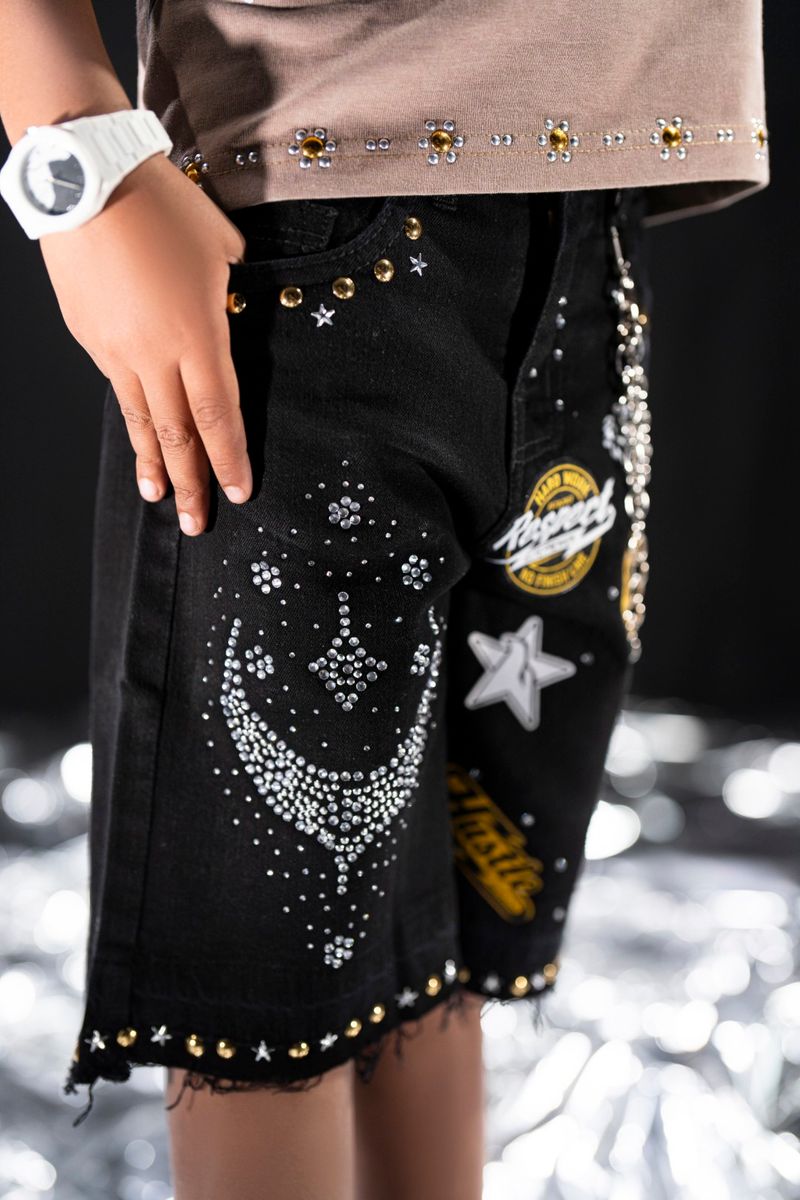 Elite Kids Rhinestones Chain Night Sky Denim Shorts Multi Colors
