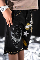 Elite Kids Rhinestones Chain Night Sky Denim Shorts Multi Colors