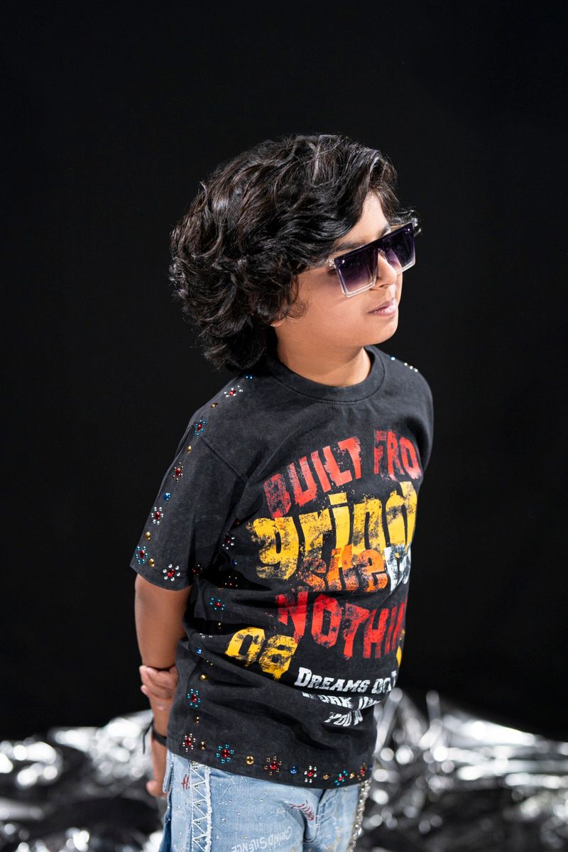 Elite Kids Built From Nothing Rhinestone Studded Over Sized Heavy T-Shirt Black