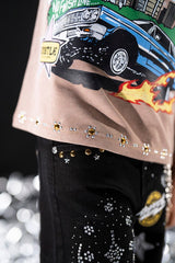 Elite Kids Grind In Silence Rhinestone Studded Over Sized Heavy T-Shirt Multi Colors