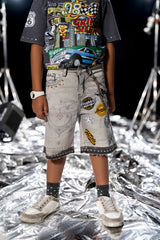 Elite Kids Rhinestones Chain Night Sky Denim Shorts Multi Colors