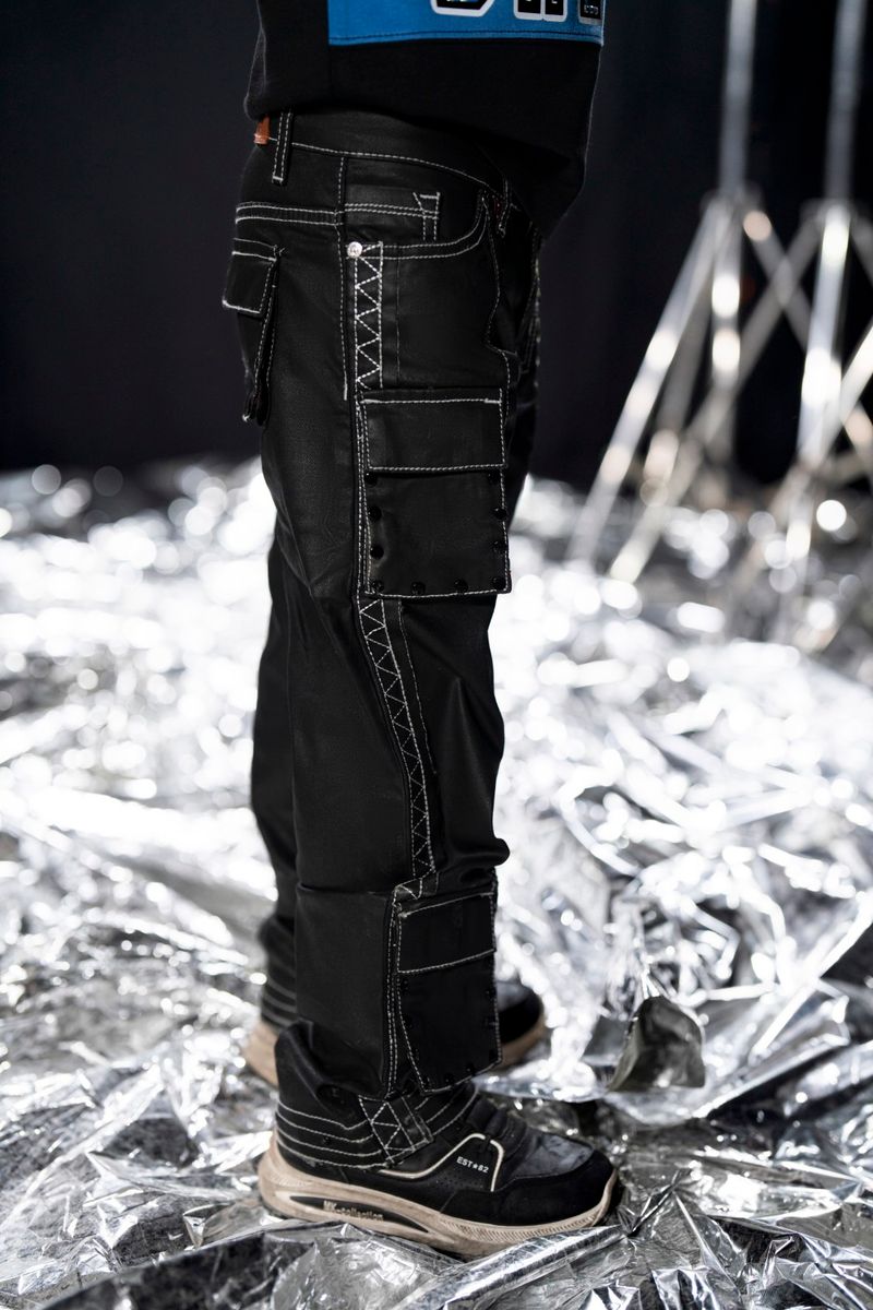 Elite Kids Black Wax Stars Studded Cargo Denim Jeans Black