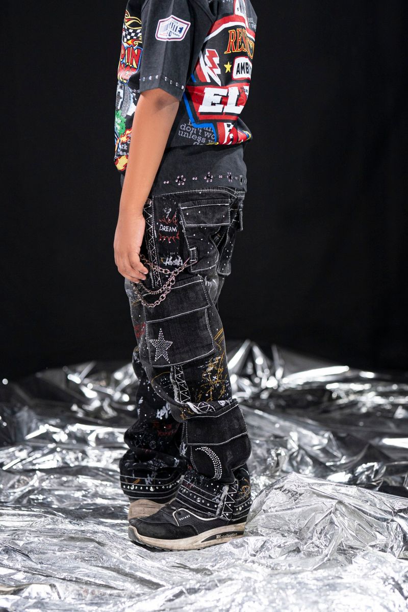 Elite Kids Graffiti Kids Studded Rhinestone Cargo Denim Blue