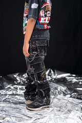 Elite Kids Graffiti Kids Studded Rhinestone Cargo Denim Blue