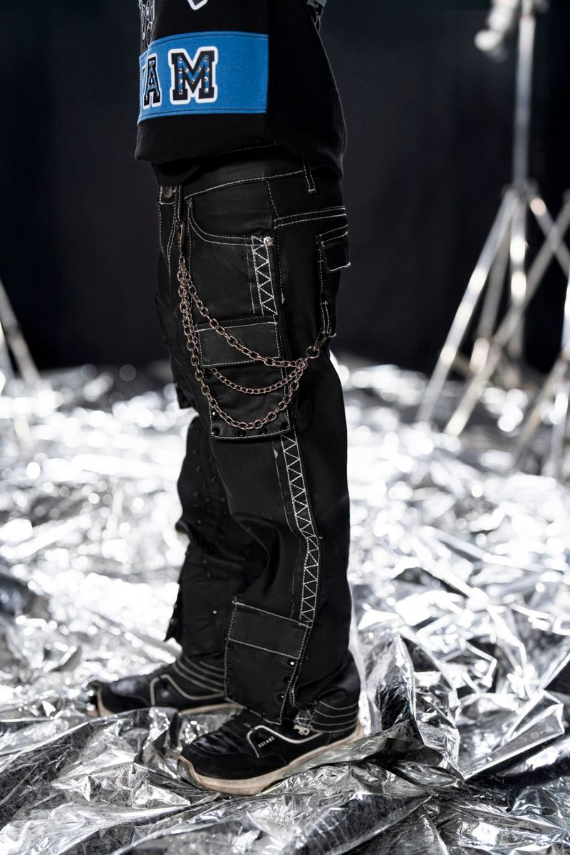 Elite Kids Black Wax Stars Studded Cargo Denim Jeans Black