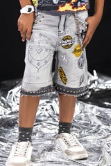 Elite Kids Rhinestones Chain Night Sky Denim Shorts Multi Colors