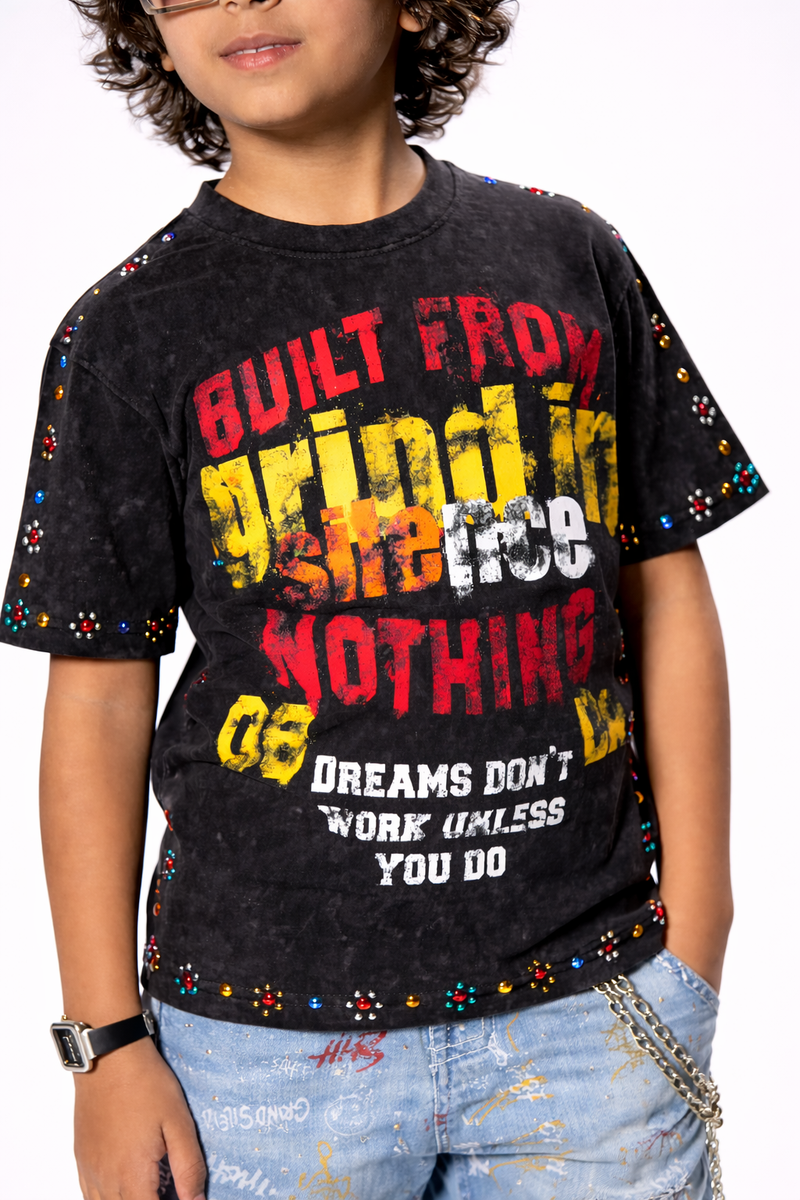 Elite Kids Built From Nothing Rhinestone Studded Over Sized Heavy T-Shirt Black