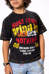 Elite Kids Built From Nothing Rhinestone Studded Over Sized Heavy T-Shirt Black