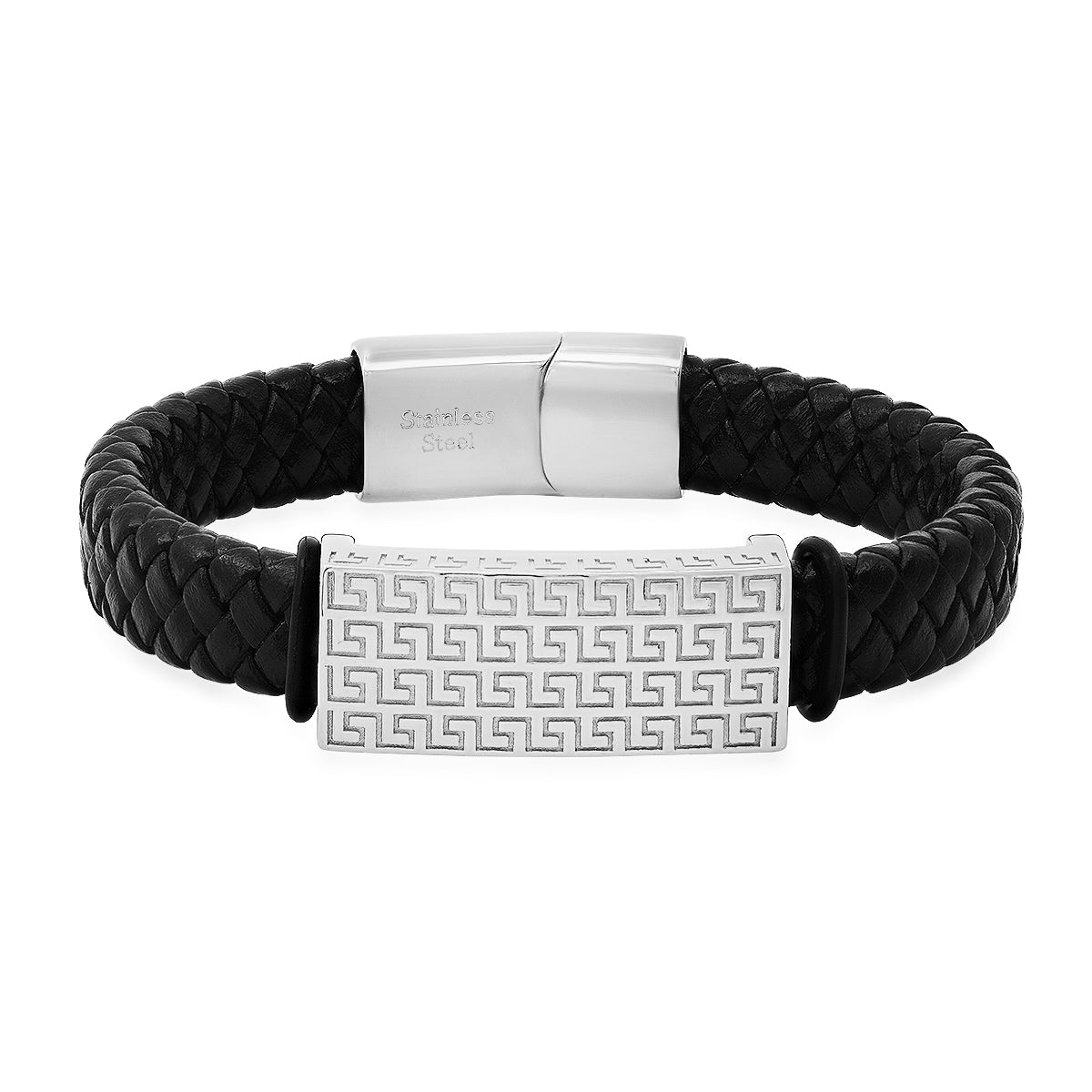 Greek Key Woven Leather ID Bracelet
