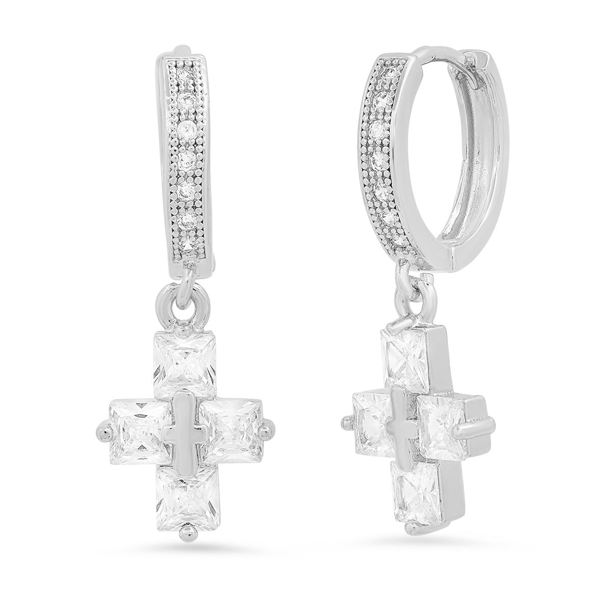 Steeltime Unisex Iced Out Huggie Charm Pendant Brass Earrings with Simulated Diamonds Jewelry Gift (Iced Out Cross )