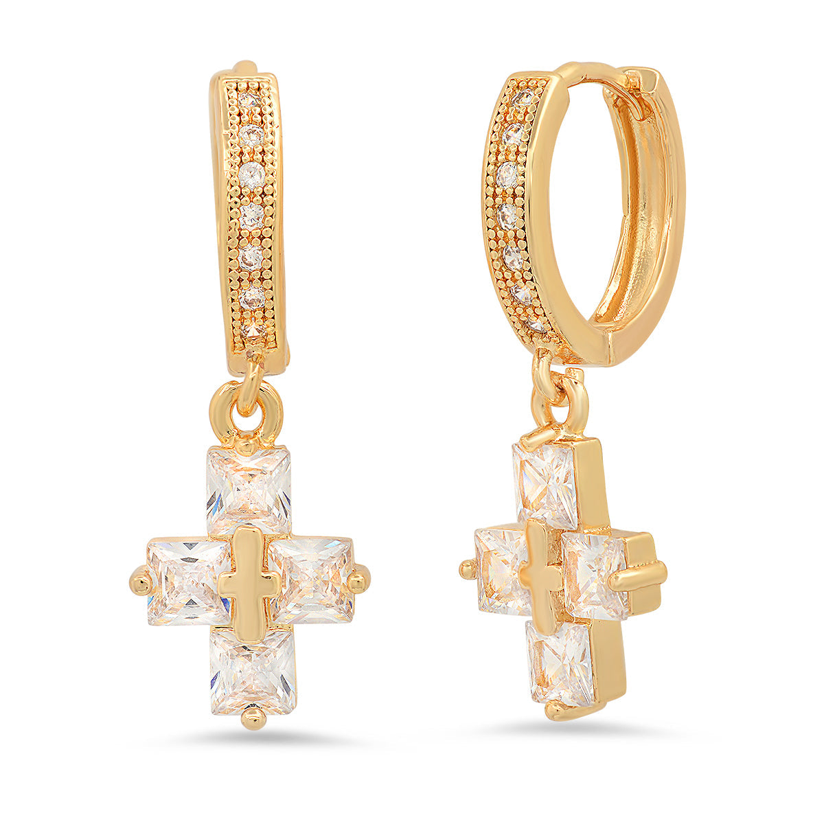 Steeltime Unisex Iced Out Huggie Charm Pendant Brass Earrings with Simulated Diamonds Jewelry Gift (Iced Out Cross )