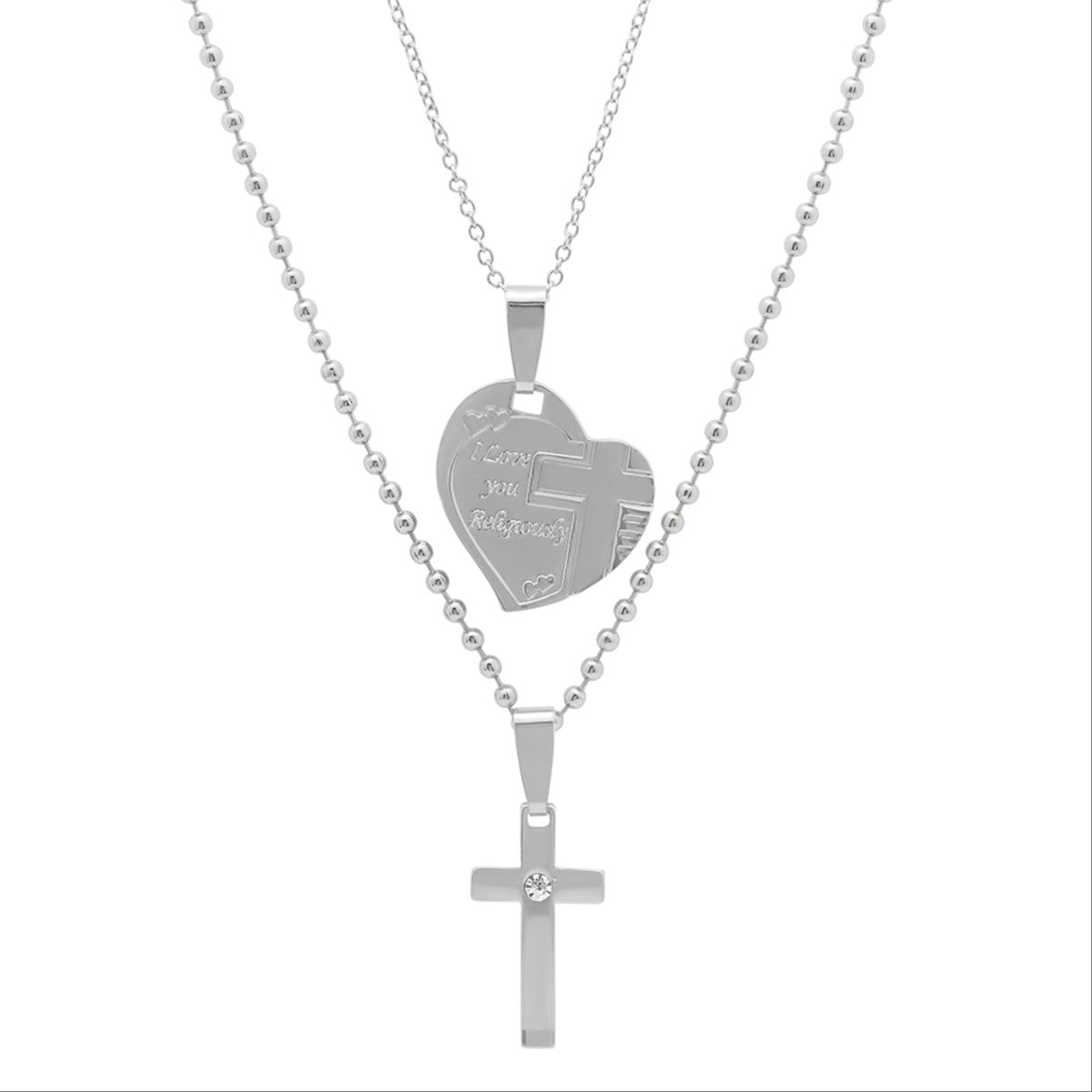 Simulated Diamond Alloy Cross Pendant & 'I Love You Religiously' Heart Pendant