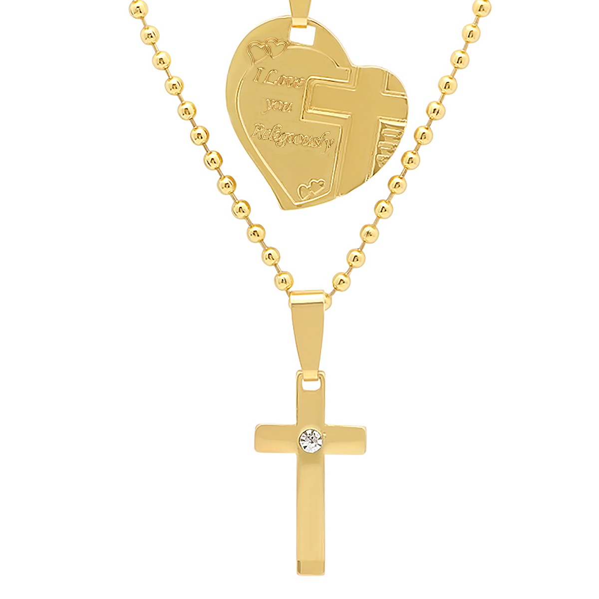 Simulated Diamond Alloy Cross Pendant & 'I Love You Religiously' Heart Pendant