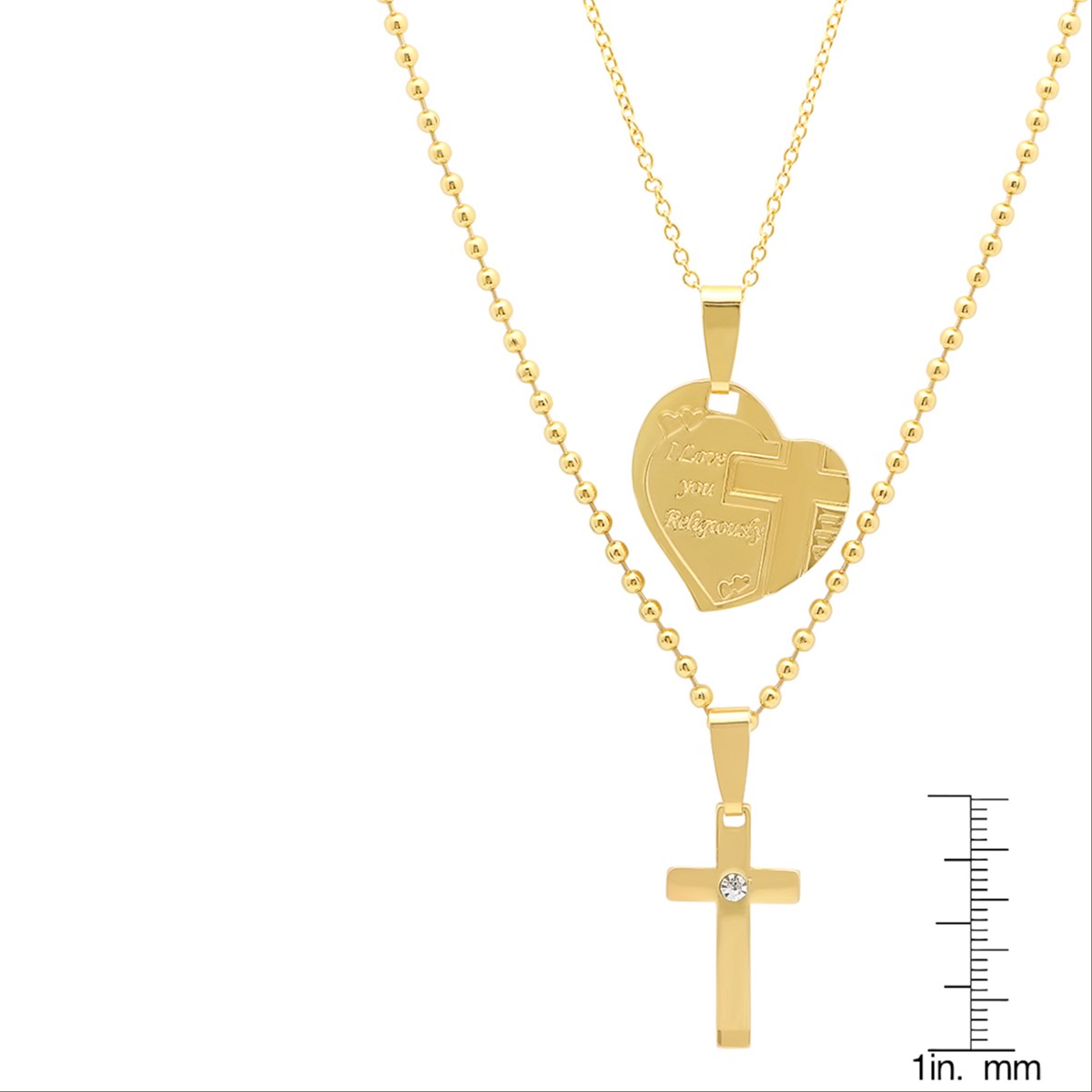 Simulated Diamond Alloy Cross Pendant & 'I Love You Religiously' Heart Pendant