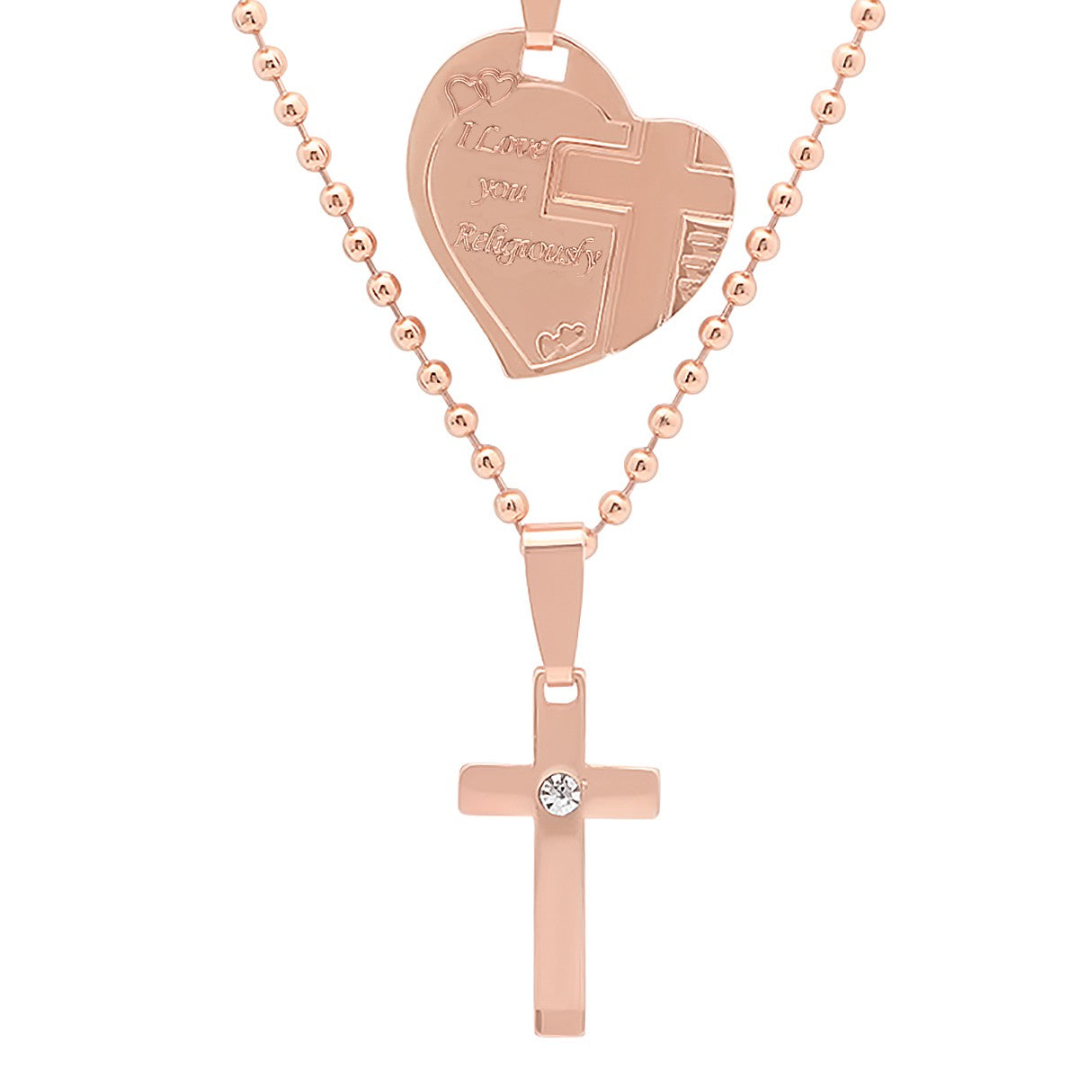 Simulated Diamond Alloy Cross Pendant & 'I Love You Religiously' Heart Pendant