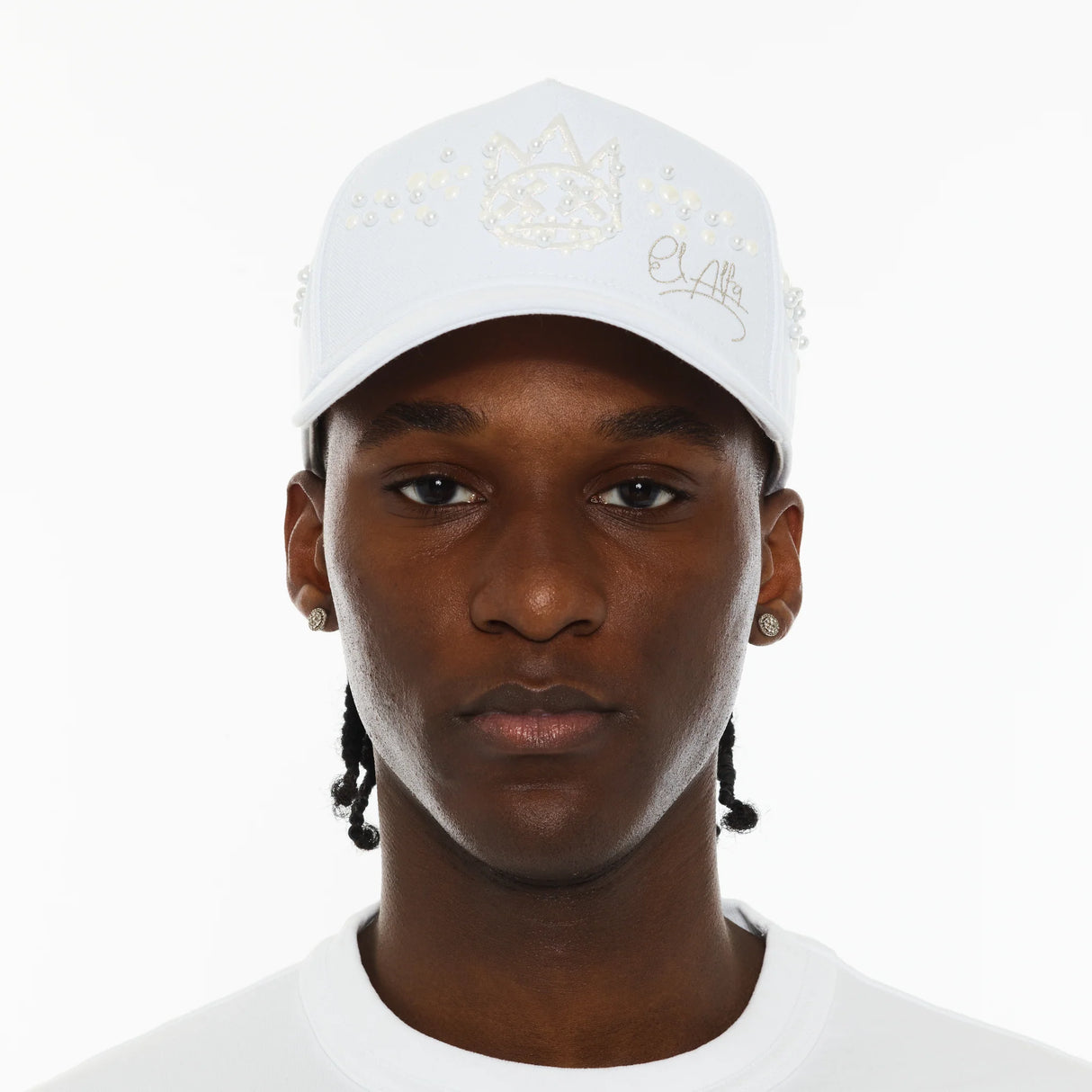 CULT OF INDIVIDUALITY 5 Panel A Frame Trucker Hat with Pearls in White