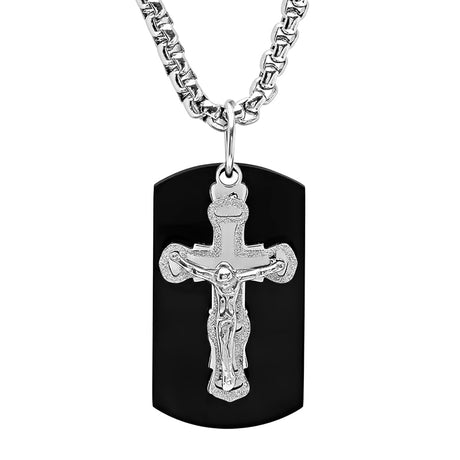 Stainless Steel Sandblast Crucifix And Black Ip Dog Tag Pendant Necklace