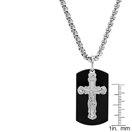 Stainless Steel Sandblast Crucifix And Black Ip Dog Tag Pendant Necklace