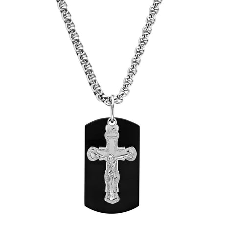 Stainless Steel Sandblast Crucifix And Black Ip Dog Tag Pendant Necklace