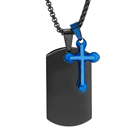 Two Tone Black And Blue Ip Stainless Steel Cross/Dog Tag Pendant