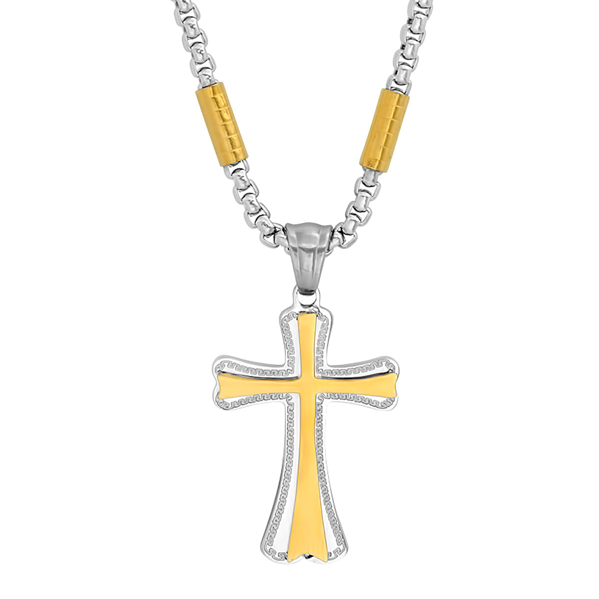 Two Tone Stainless Steel And 18K Gold Plated Tube Link Cross Pendant