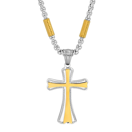 Two Tone Stainless Steel And 18K Gold Plated Tube Link Cross Pendant