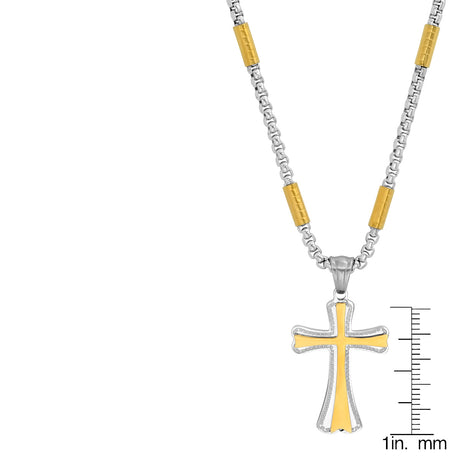 Two Tone Stainless Steel And 18K Gold Plated Tube Link Cross Pendant