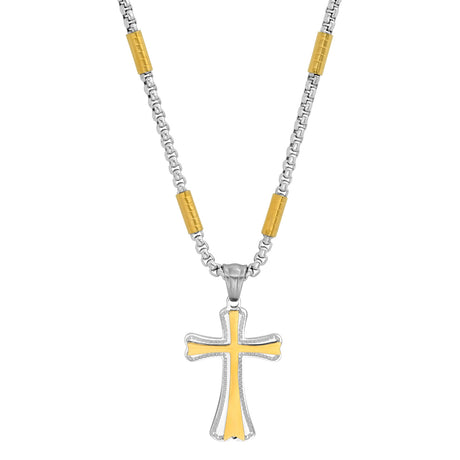 Two Tone Stainless Steel And 18K Gold Plated Tube Link Cross Pendant