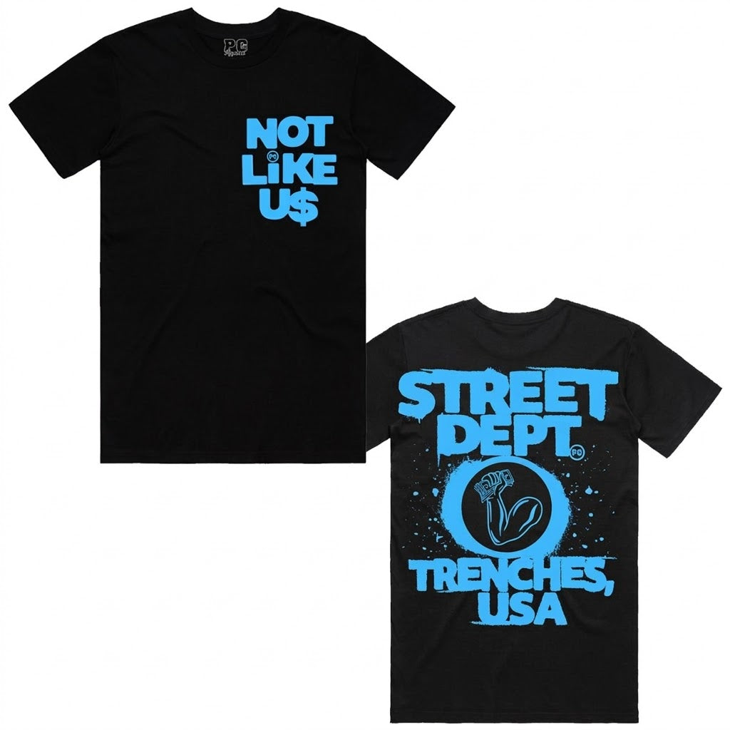 PG Street Department Not Like Us T-Shirt Black Corlina Blue