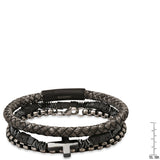 Gray Braided Leather/Black Ip Stainless Steel, Stainless Steel Round Link And Hematite/Lava Beaded 3Pc Bracelet Set