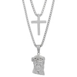 Stainless Steel Double Layered Cross And Jesus With Simulated Diamonds Necklace