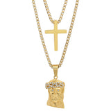 Stainless Steel Double Layered Cross And Jesus With Simulated Diamonds Necklace