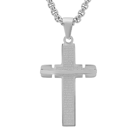Stainless Steel Padre Nuestro Cross Pendant With Bar