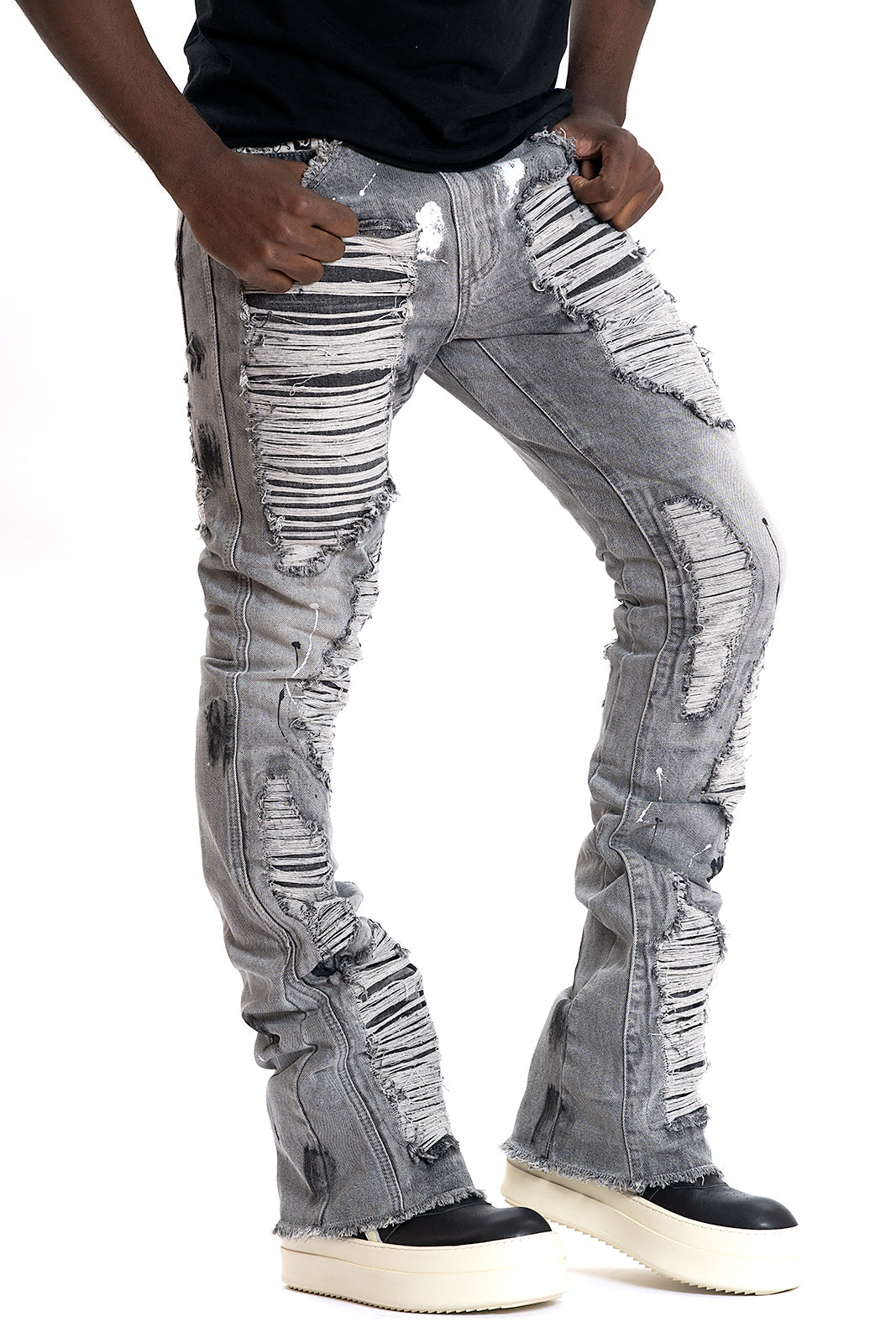 Frost Design F1772 Basel Distressed Stacked Jeans - Gray