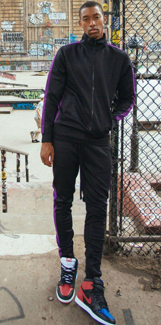 Men's Black Track Pant with Purple Strip