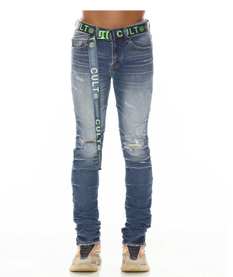 Cult - Super Skinny Jeans - Blue / Neon Green