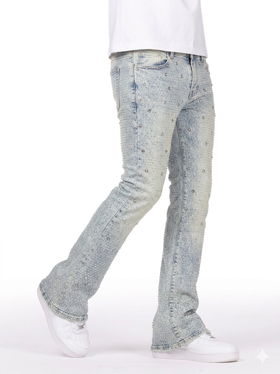 Focus Rhinestone Stud Stacked Jeans Multi Colors