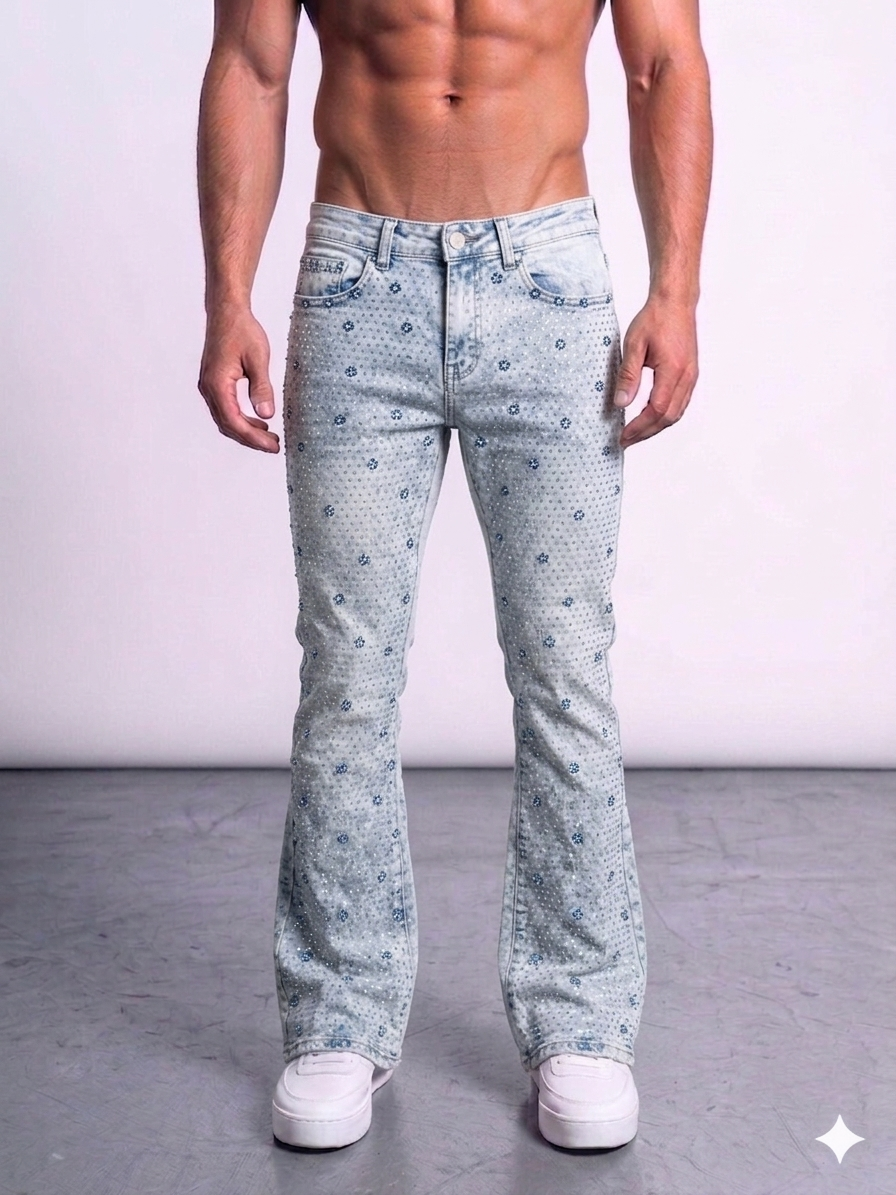 Focus Rhinestone Stud Stacked Jeans Multi Colors